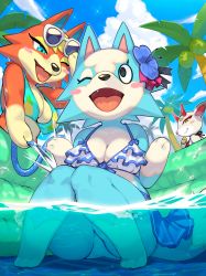 Rule 34 | 3girls, absurdres, animal crossing, animal ears, animal hands, audie (animal crossing), bikini, blue bikini, blue eyes, blue fur, blue sky, blush stickers, breasts, cleavage, coconut, deer girl, eyewear on head, fang, flower, frilled bikini, frills, furry, furry female, hair flower, hair ornament, highres, hooves, horns, hose, kame (3t), knees together feet apart, looking at another, multiple girls, nintendo, one eye closed, open mouth, orange fur, partially submerged, partially underwater shot, pineapple print, shino (animal crossing), sky, skye (animal crossing), smile, sunglasses, swimsuit, tail, wading pool, water, wet, wolf ears, wolf girl, wolf tail, yellow eyes