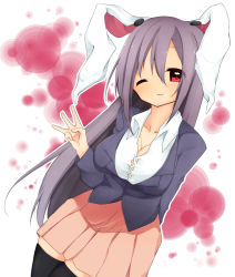 Rule 34 | 1girl, a-iueo, animal ears, black thighhighs, breasts, cleavage, collarbone, highres, jacket, large breasts, long hair, long sleeves, looking at viewer, one eye closed, purple hair, rabbit ears, red eyes, reisen udongein inaba, shirt, skirt, smile, solo, thighhighs, touhou, undersized clothes, very long hair, wink, zettai ryouiki