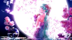 Rule 34 | 1girl, backless dress, backless outfit, bad id, bad pixiv id, blue hair, bouquet, brown eyes, dress, flower, from behind, full moon, hair flower, hair ornament, hatsune miku, holding, holding bouquet, long hair, moon, pink flower, pink rose, ponytail, profile, red flower, rose, shigemu room, shoulder blades, sitting, sleeveless, sleeveless dress, smile, solo, strapless, strapless dress, very long hair, vocaloid, white dress