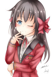 Rule 34 | 1girl, ;), alternate costume, asashio (kancolle), black hair, blue eyes, blush, bow, closed mouth, collared shirt, commentary request, dakkusu, dated, dress shirt, hair bow, hand up, highres, jacket, kantai collection, long sleeves, looking at viewer, neck ribbon, one eye closed, red bow, red jacket, red ribbon, ribbon, shirt, signature, simple background, sleeves past wrists, smile, solo, upper body, white background, white shirt
