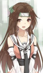 Rule 34 | 10s, 1girl, :d, aemu (august life), bare shoulders, brown hair, collarbone, elbow gloves, forehead protector, gloves, headband, jintsuu (kancolle), jintsuu kai ni (kancolle), kantai collection, long hair, looking at viewer, neckerchief, open mouth, sailor collar, sidelocks, smile, solo, upper body, white gloves