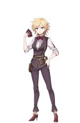 Rule 34 | 1girl, belt pouch, blonde hair, blue eyes, card, dizzy durand, full body, hand on own hip, high heels, highres, looking at viewer, official art, pants, playing card, pouch, princess principal, princess principal game of mission, red footwear, red neckwear, short hair, simple background, standing, transparent background, vest