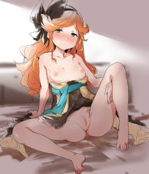 Rule 34 | 1girl, ass, bad id, bad pixiv id, bare shoulders, barefoot, blue eyes, blush, bottomless, breasts, breasts out, brown dress, closed mouth, clothes pull, collarbone, dress, dress pull, granblue fantasy, hairband, leaning back, legs, long hair, looking at viewer, monchan rev3, nipples, no panties, orange hair, parted bangs, pussy, sara (granblue fantasy), sash, sitting, small breasts, smile, solo, spread legs, thighs, uncensored, wavy hair