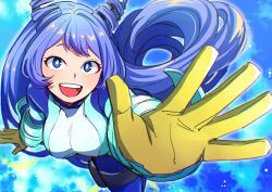 Rule 34 | 1girl, :d, blue bodysuit, blue eyes, blue hair, bodysuit, boku no hero academia, drill hair, gloves, hadou nejire, hair horns, highres, long hair, looking at viewer, multicolored bodysuit, multicolored clothes, nishino (fetv8484), open mouth, smile, solo, twin drills, white bodysuit, yellow gloves