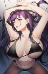 Rule 34 | 1girl, armpits, arms up, bikini, blueorca, blush, breasts, character request, copyright request, highres, huge breasts, lipstick, makeup, mole, mole on breast, mole under eye, navel, purple hair, purple nails, red eyes, solo, swimsuit