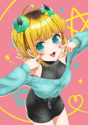 Rule 34 | 1girl, :3, absurdres, ahoge, bead necklace, beads, black skirt, blonde hair, blue eyes, blue sweater, blunt bangs, bracelet, breasts, cleavage, commentary, demon horns, fang, highres, horns, jewelry, mem-cho, multicolored hair, nail polish, nao suke, necklace, no pupils, off-shoulder sweater, off shoulder, open mouth, oshi no ko, pink nails, pointing, pointing at self, roots (hair), see-through, see-through cleavage, short hair, sidelocks, signature, skirt, star (symbol), sweater