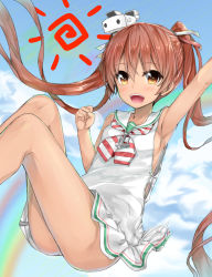 Rule 34 | 10s, 1girl, :d, anchor, armpits, bare legs, bare shoulders, blue sky, breasts, brooch, brown eyes, brown hair, clenched hand, cloud, dark-skinned female, dark skin, day, dress, floating hair, hair ribbon, hypertan, jewelry, kantai collection, knees up, libeccio (kancolle), long hair, looking at viewer, neckerchief, open mouth, outstretched arm, rainbow, ribbon, sailor dress, shirt, short dress, sideboob, sky, sleeveless, sleeveless dress, sleeveless shirt, small breasts, smile, solo, striped neckerchief, thighs, twintails, very long hair, white dress