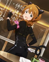 Rule 34 | 10s, 1girl, animal ears, baba konomi, braid, brown hair, cat burglar, cat ears, cat tail, catsuit, character name, cup, fingerless gloves, gloves, green eyes, hair over shoulder, idolmaster, idolmaster million live!, jpeg artifacts, mug, official art, open mouth, single braid, solo, tail, translation request