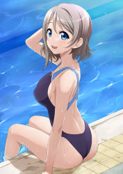 Rule 34 | 1girl, ass, back, blue eyes, blue one-piece swimsuit, blush, breasts, brown hair, collarbone, competition swimsuit, hand on own head, hand to own head, looking at viewer, love live!, love live! sunshine!!, medium breasts, miel (lessontome), one-piece swimsuit, open mouth, pool, poolside, ripples, short hair, sitting, smile, solo, swimsuit, wading, watanabe you, water, wet, wet clothes, wet swimsuit
