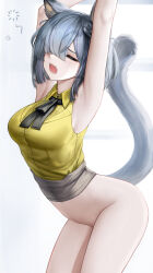 Rule 34 | 1girl, absurdres, animal ears, arknights, armpits, arms up, ascot, bare shoulders, black ascot, bottomless, breasts, cat ears, cat tail, collared shirt, cowboy shot, delphine (arknights), fangs, from side, furrowed brow, grey hair, hair over one eye, highres, leaning forward, long bangs, medium breasts, no headwear, no pants, nopetroto, one eye closed, one eye covered, open mouth, outstretched arms, shirt, short hair, simple background, squeans, sleepy, sleeveless, sleeveless shirt, solo, tail, white background, yellow shirt