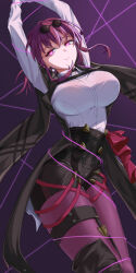 1girl arms_up black_coat black_shorts breasts coat commentary_request cowboy_shot eyewear_on_head highres honkai:_star_rail honkai_(series) kafka_(honkai:_star_rail) large_breasts long_hair long_sleeves looking_at_viewer pantyhose purple_background purple_eyes purple_hair purple_pantyhose shirt short_shorts shorts smile solo standing sunglasses thigh_strap thighs white_shirt yatsuka_mirin