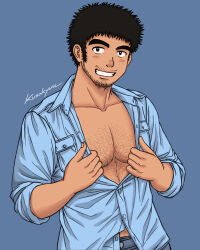 Rule 34 | 1boy, afro, bara, beard, beard stubble, chest hair, collared shirt, cowboy shot, dark-skinned male, dark skin, denim, dolrit (kusakyuu), facial hair, grin, highres, kusakyuu, large pectorals, long sideburns, looking at viewer, male focus, mature male, muscular, muscular male, mustache stubble, original, partially unbuttoned, pectoral cleavage, pectorals, police, police uniform, shirt, short hair, sideburns, smile, solo, stubble, thick eyebrows, undressing, uniform