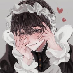 Rule 34 | 1boy, apron, black dress, black eyes, black hair, blush, close-up, commentary, crossdressing, dress, embarrassed, eyelashes, frilled apron, frills, grey background, hair between eyes, hands on own face, heart, looking at viewer, maid, maid apron, maid headdress, male focus, male maid, mukk2883, original, portrait, shy, smile, solo, wavy mouth