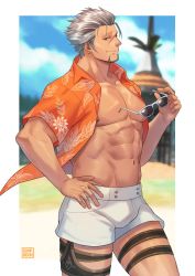 Rule 34 | 1boy, abs, artist name, bara, closed mouth, dark-skinned male, dark skin, earrings, unworn eyewear, facial hair, final fantasy, final fantasy xiv, green eyes, hawaiian shirt, highres, holding, holding removed eyewear, jewelry, large pectorals, looking at viewer, male focus, muscular, muscular male, navel, nipples, open clothes, open shirt, orange shirt, pectorals, scar, scar on face, shirt, short hair, short shorts, shorts, silver hair, smile, solo, thick thighs, thighs, warrior of light (ff14), white shorts, zink (zink mchn)