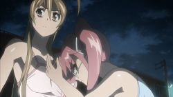 Rule 34 | 10s, 2girls, animated, animated gif, bouncing breasts, breasts, brown hair, cleavage, glasses, highschool of the dead, large breasts, long hair, miyamoto rei, multiple girls, no bra, outdoors, pink hair, standing, takagi saya, talking, twintails, upper body