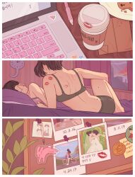 Rule 34 | 2girls, bicycle, bra, brown hair, bulletin board, cellphone, clock, coffee cup, commentary, computer, cookie, cup, curtains, disposable cup, dress, english commentary, eunnieboo, food, fruit, grey bra, grey panties, heart, highres, holding, holding phone, indoors, korean text, laptop, lipstick mark, long hair, mole, mole on back, mole on leg, multiple girls, nude, on bed, original, panties, pen, phone, plant, plate, polaroid, potted plant, short hair, shoulder blades, smartphone, thumbtack, translation request, under covers, underwear, underwear only, watermelon, wedding dress, wife and wife, yuri