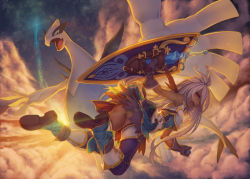Rule 34 | 1girl, :d, above clouds, armpits, ass, backlighting, bare shoulders, black gloves, blue footwear, boots, breasts, cloud, creatures (company), crossover, dark-skinned female, dark skin, dress, fang, flying, full body, game freak, gen 2 pokemon, gloves, granblue fantasy, legendary pokemon, long hair, looking at viewer, lugia, medium breasts, nintendo, no panties, open mouth, pokemon, pokemon (creature), red eyes, rotix, shield, sleeveless, sleeveless dress, smile, sword, thighhighs, very long hair, weapon, white hair, white thighhighs, zooey (granblue fantasy)