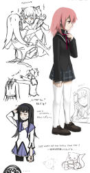 Rule 34 | 10s, 2girls, :3, ^^^, akemi homura, alternate costume, alternate hairstyle, arm grab, bilingual, black hair, blush, cellphone, closed eyes, english text, expressionless, gomadoka, hair down, hairband, jitome, kaname madoka, long hair, long sleeves, lying, magical girl, mahou shoujo madoka magica, mahou shoujo madoka magica (anime), mixed-language text, multiple girls, multiple views, on back, open mouth, pantyhose, phone, pink eyes, pink hair, ribbon, seal (animal), short twintails, silverxp, simple background, sitting, sketch, skirt, sleeves past wrists, soul gem, sparkle, standing, sweat, taking picture, thighhighs, twintails, white background, white legwear, yuri, zettai ryouiki, zzz