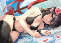 Rule 34 | 1girl, :o, asymmetrical wings, bare arms, bare shoulders, bed, bikini, black bikini, black hair, black thighhighs, blue sky, blue wings, blush, breasts, collarbone, commentary request, curtains, day, flower, groin, hair between eyes, halterneck, head tilt, hibiscus, houjuu nue, igayan, indoors, looking at viewer, lying, navel, o-ring, o-ring bikini, on side, parted lips, petals, pillow, pointy ears, red eyes, red flower, red wings, rose petals, short hair, side-tie bikini bottom, sidelocks, sky, small breasts, solo, stomach, swimsuit, thick thighs, thighhighs, thighs, touhou, wings, wristband