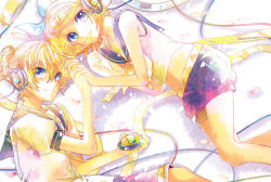 Rule 34 | 1boy, 1girl, blonde hair, blue eyes, brother and sister, from above, hair ornament, hair ribbon, hairclip, headphones, kagamine len, kagamine rin, lying, navel, on side, ribbon, short hair, siblings, smile, twins, ui (rot), vocaloid