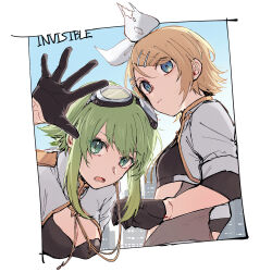 Rule 34 | 2girls, black gloves, black sports bra, blonde hair, blue sky, bow, breasts, brooch, building, cityscape, cleavage, closed mouth, eyewear on head, gloves, goggles, goggles on head, gold trim, green eyes, green hair, gumi, hair bow, hair ornament, hairclip, half gloves, highres, invisible (vocaloid), jacket, jewelry, kagamine rin, looking at viewer, medium breasts, midriff, multiple girls, ochi (lokun), open clothes, open jacket, serious, short hair, short hair with long locks, short sleeves, sidelocks, sky, small breasts, sports bra, star (symbol), star brooch, torn bow, vocaloid, white bow, white jacket