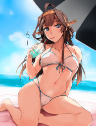 Rule 34 | 1girl, ahoge, arm support, beach, beach umbrella, bikini, blue eyes, breasts, brown hair, cleavage, closed mouth, collarbone, cup, day, disposable cup, double bun, drinking, drinking straw, front-tie bikini top, front-tie top, hair bun, headgear, kantai collection, kneeling, kongou (kancolle), large breasts, long hair, looking at viewer, multi-strapped bikini, navel, ocean, outdoors, sand, shadow, sidelocks, sitting, skindentation, solo, swimsuit, umbrella, white bikini, zekkyon