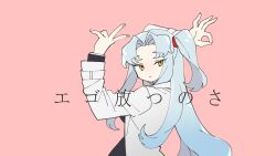 Rule 34 | 1girl, angela (project moon), arm up, black jacket, blue hair, coat, expressionless, friedbirdchips, goodbye sengen (vocaloid), highres, jacket, lab coat, lobotomy corporation, long hair, long sleeves, looking at viewer, ok sign, one side up, parted bangs, pink background, project moon, sidelocks, solo, upper body, v, very long hair, white coat, yellow eyes
