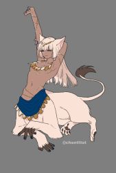 Rule 34 | 1girl, :3, animal ears, arm behind head, arm up, blue nails, cat ears, centauroid, dark skin, closed eyes, full body, grey background, hair ornament, highres, jewelry, kizuta (barometz), light brown hair, lion tail, lying, monster girl, nail polish, necklace, original, sitting, solo, stretching, tail, taur