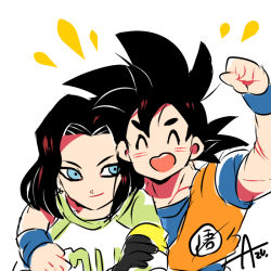 Rule 34 | 10s, 2boys, android 17, arm over shoulder, artist name, azu (kirara310), bad id, bad pixiv id, black hair, blue eyes, clenched hand, dougi, dragon ball, dragon ball super, dragonball z, earrings, closed eyes, gloves, green shirt, happy, jewelry, long sleeves, looking at another, male focus, multiple boys, open mouth, shirt, short hair, simple background, smile, son goku, spiked hair, white background, white shirt, wristband