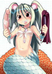 Rule 34 | 1girl, bad id, bad pixiv id, condom, dildo, egg vibrator, fang, fins, fish tail, flat chest, green hair, jewelry, long hair, mermaid, midriff, monster girl, muromi-san, namiuchigiwa no muromi-san, necklace, nenemaru, red eyes, roe, scales, seashell, sex toy, shell, smile, solo, tail, teeth, twintails, two side up, vibrator, whip