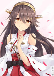 Rule 34 | 1girl, bare shoulders, black hair, brown eyes, cowboy shot, dazzle paint, detached sleeves, gensoukitan, hair ornament, hairband, hairclip, haruna (kancolle), headgear, jewelry, kantai collection, long hair, looking at viewer, nontraditional miko, petals, pink background, ribbon-trimmed sleeves, ribbon trim, ring, solo, twitter username, wedding band, wide sleeves