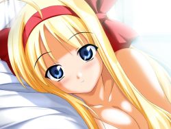 Rule 34 | 1girl, afterglow, ahoge, anonono, bed, blonde hair, blue eyes, blush, bow, breasts, breasts squeezed together, censored, cleavage, convenient censoring, duplicate, dutch angle, game cg, hair bow, hair censor, hair over breasts, hairband, indoors, komiya momiji, long hair, looking at viewer, lying, nude, on side, parted bangs, pillow, sidelocks, smile, solo, souryuu (double dragon), sunlight, upper body, window