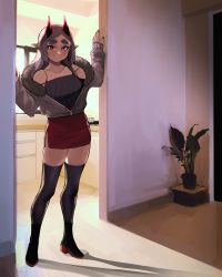 Rule 34 | 1girl, ankle boots, ava (kumaartsu), black horns, black thighhighs, blush, boots, breasts, camisole, christian louboutin (brand), demon girl, doorway, fingernails, fur collar, grey hair, heterochromia, highres, horns, indoors, jacket, kitchen, kumaartsu, long hair, looking at viewer, medium breasts, miniskirt, nail polish, oni horns, open clothes, open jacket, original, parted bangs, pinup (style), pointy ears, purple eyes, red eyes, red nails, red skirt, red soles, scar, scar across eye, scar on face, side slit, skirt, solo, spaghetti strap, thick eyebrows, thighhighs, zettai ryouiki