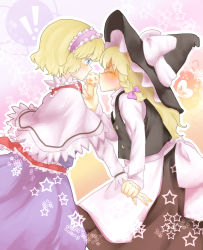 Rule 34 | !, 2girls, alice margatroid, apron, blonde hair, blue dress, bow, capelet, dress, closed eyes, female focus, from side, hairband, hat, hat bow, highres, holding another&#039;s wrist, kirisame marisa, kiss, knora, long hair, multiple girls, mushroom, skirt, skirt set, star (symbol), touhou, vest, witch hat, yuri