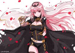 Rule 34 | 1girl, absurdres, arm behind back, artist name, belt, black cape, black dress, breasts, cape, cleavage, crown, detached sleeves, dress, highres, hololive, hololive english, large breasts, lion rion, long hair, looking at viewer, mori calliope, petals, pink hair, red eyes, simple background, smile, solo, veil, virtual youtuber, white background