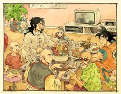 Rule 34 | 6+boys, 733tenchan, :d, ^ ^, bad id, bad twitter id, bald, basket, beard, bird, black hair, blush, border, bottle, bowl, bread, chaozu, chicken, chinese clothes, chopsticks, closed eyes, clothes writing, commentary, cup, dougi, dragon ball, dragon ball super, dragon ball z kami to kami, eating, facial hair, fingernails, flying, food, fruit, glasses, highres, holding, holding chopsticks, holding cup, indoors, kuririn, light particles, living room, lobster, looking down, male focus, meat, multiple boys, mustache, muten roushi, oolong, open mouth, orange (fruit), pillow, plant, pointing, pot, potted plant, pouring, profile, puar, red-framed eyewear, seiza, sitting, smile, son goku, spiked hair, symbol-only commentary, table, teeth, television, tenshinhan, upper teeth only, white border, window, wooden floor, yamcha