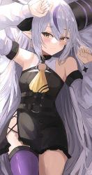 Rule 34 | 1girl, absurdres, arm up, ascot, bare shoulders, black dress, blush, braid, closed mouth, commentary request, cowboy shot, demon girl, demon horns, detached sleeves, dress, fang, grey hair, hair between eyes, hand up, head tilt, highres, hololive, horns, la+ darknesss, long hair, long sleeves, looking at viewer, multicolored hair, o-ring, pineapple (pine), pointy ears, purple hair, purple thighhighs, short dress, side slit, sidelocks, signature, single thighhigh, skin fang, solo, streaked hair, striped horns, thighhighs, very long hair, virtual youtuber, yellow ascot, yellow eyes