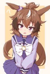 Rule 34 | 1girl, ?, animal ears, blush stickers, bow, bowtie, brown hair, dot nose, fang, highres, horse ears, horse girl, horse tail, long hair, long sleeves, looking at viewer, mikuru ism, multicolored hair, open mouth, purple shirt, purple skirt, raised eyebrows, sailor collar, school uniform, shinko windy (umamusume), shirt, skirt, solo, tail, tracen school uniform, umamusume, upper body, v arms, white bow, white bowtie