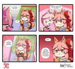Rule 34 | 2girls, 4koma, animal ear fluff, animal ears, animal hands, bare shoulders, bell, blush, bow, cat paws, cellphone, chips (food), collar, comic, detached sleeves, eating, english text, fate/grand order, fate (series), food, fox ears, fox girl, fox tail, glasses, gloves, gradient background, highres, japanese clothes, jingle bell, keita naruzawa, kimono, koyanskaya (fate), mini person, minigirl, multiple girls, neck bell, open mouth, paw gloves, paw shoes, phone, pink bow, pink hair, pink kimono, pink ribbon, ponytail, red bow, red kimono, red ribbon, ribbon, side ponytail, sitting, smartphone, speech bubble, square 4koma, tail, tamamo (fate), tamamo cat (fate), wavy mouth, white-framed eyewear, yellow eyes