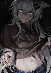 Rule 34 | 1girl, absurdres, animal ears, arknights, black nails, black shirt, blue eyes, cigarette, commentary, commentary request, crop top, grey hair, grin, hair between eyes, hair ornament, hairclip, head tilt, highres, holding, holding cigarette, jewelry, lappland (arknights), long hair, looking at viewer, material growth, midriff, nail polish, navel, necklace, oripathy lesion (arknights), qingfeng canying, scar, scar across eye, shirt, smile, solo, stomach, upper body, very long hair, wolf ears