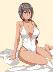 Rule 34 | arm support, armlet, azur lane, backless outfit, beige background, black hair, breasts, brown eyes, cleavage, dark skin, dress, earrings, evening gown, feather earrings, feathers, highres, jewelry, large breasts, native american, olly (ollycrescent), south dakota (azur lane), south dakota (solo concert) (azur lane), thighs