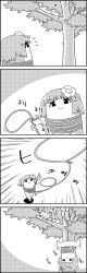 Rule 34 | 4koma, blunt bangs, bound, cat, comic, commentary request, emphasis lines, failure, flower, greyscale, hair flower, hair ornament, hieda no akyuu, highres, lasso, monochrome, rope, short hair, silent comic, smile, surprised, tani takeshi, throwing, tied up (nonsexual), touhou, translation request, tree, tying, upside-down, yukkuri shiteitte ne