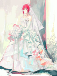 Rule 34 | 1girl, alternate costume, bare shoulders, bouquet, bridal veil, dress, elbow gloves, flower, full body, gloves, hair up, happy birthday, karin (naruto), looking at viewer, minase (mmakina), naruto (series), naruto shippuuden, red eyes, red hair, solo, standing, strapless, strapless dress, veil, wedding dress, white dress, white gloves