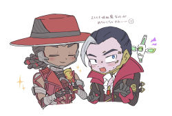 Rule 34 | 2boys, animification, apex legends, black jacket, blue eyes, blush, chibi, closed eyes, collared shirt, crypto (apex legends), dark-skinned male, dark skin, deadly byte crypto, drone, grey hair, hack (apex legends), jacket, male focus, multicolored hair, multiple boys, nojima minami, official alternate costume, out for blood seer, red jacket, seer (apex legends), shirt, sleeveless, sleeveless sweater, streaked hair, sweater, translation request, white background, white shirt