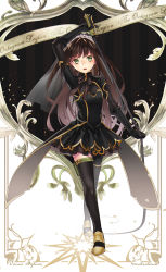 Rule 34 | 1girl, bad id, bad pixiv id, black hair, boots, crossed legs, full body, green eyes, hairband, crossed legs, long hair, motto, pixiv fantasia, pixiv fantasia fallen kings, shiyun, showgirl skirt, solo, standing, thigh boots, thighhighs, veil, watson cross, weapon, whip