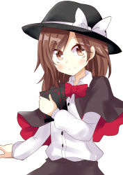 Rule 34 | 1girl, black hat, black skirt, blush, book, bow, bowtie, brown eyes, brown hair, capelet, dr.latency&#039;s freak report, hat, hat bow, holding, holding book, keyaki chimaki, long sleeves, looking at viewer, red bow, red bowtie, shirt, short hair, skirt, smile, solo, touhou, upper body, usami renko, white bow, white shirt