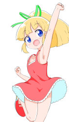 Rule 34 | 1girl, arm up, armpits, blonde hair, blue eyes, blush, dress, looking at viewer, mega man (series), open mouth, owlz, ponytail, red dress, red footwear, roll (mega man), simple background, solo, standing, standing on one leg, white background