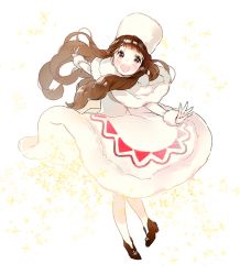 Rule 34 | 1girl, ancotaku, blush, brown eyes, brown hair, capelet, cocoa cookie, cookie run, dress, full body, gloves, humanization, long hair, long sleeves, looking at viewer, no socks, open mouth, pantyhose, personification, smile, solo, sparkle
