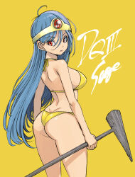 Rule 34 | 1girl, ass, bikini, blue hair, character name, closed mouth, commentary request, copyright name, dimples of venus, dragon quest, dragon quest iii, eyelashes, from behind, hair between eyes, highres, holding, holding wand, long hair, looking back, muramasa mikado, red eyes, sage (dq3), simple background, solo, standing, swimsuit, tiara, very long hair, wand, yellow background, yellow bikini