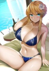 Rule 34 | 1girl, alcohol, aqua eyes, arm up, artoria pendragon (all), artoria pendragon (fate), artoria pendragon (lancer) (fate), bare shoulders, bikini, blonde hair, blue bikini, blush, braid, breasts, champagne, champagne flute, cleavage, cup, day, drinking glass, fate/grand order, fate (series), flower, french braid, hair between eyes, hair bun, hair flower, hair ornament, halterneck, large breasts, looking at viewer, muunyan (yumenekoya), navel, outdoors, poolside, saber (fate), sand, short hair, single hair bun, sitting, solo, swimsuit, thighs, water, wine glass